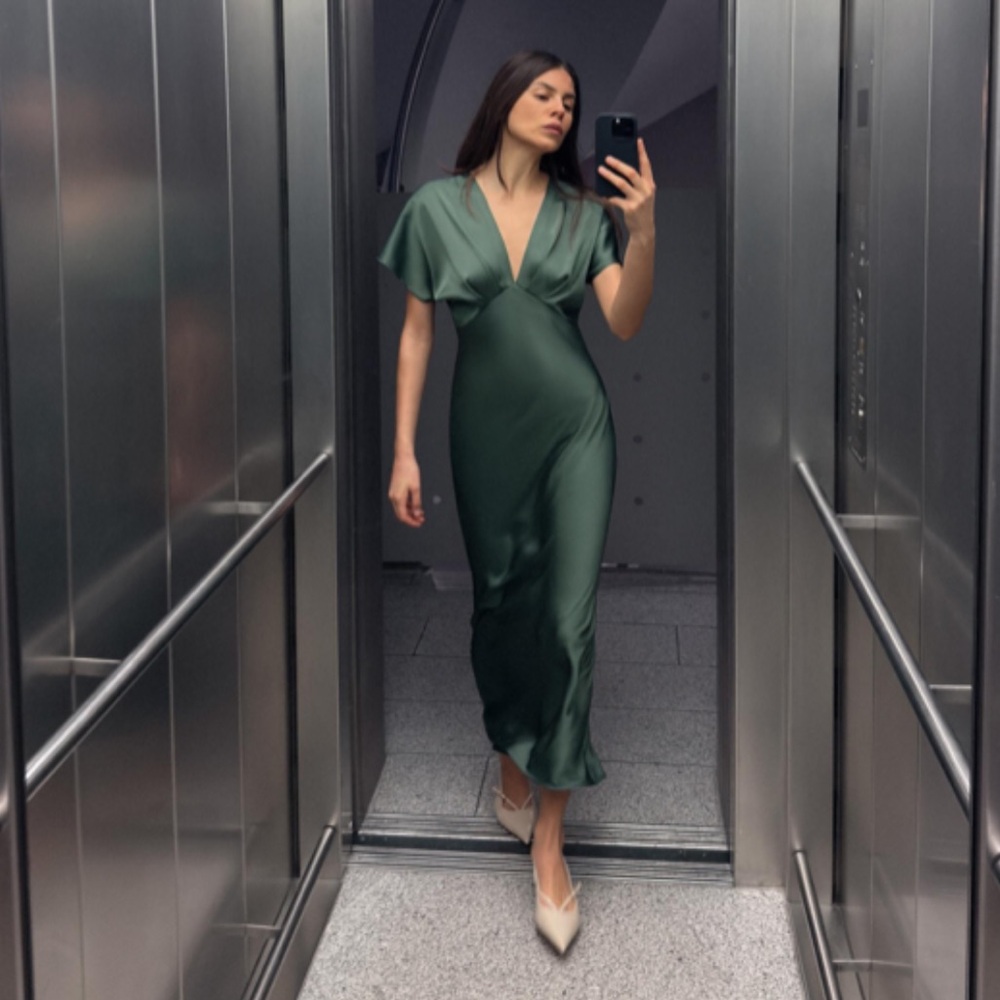 Zara Satin Effect Midi Dress - Moss Green